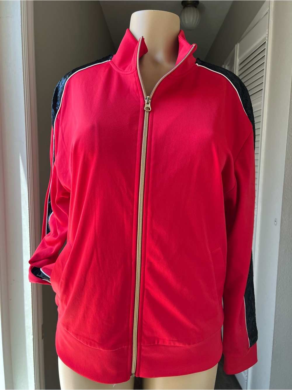 Women's Red Zip-Front Bomber Jacket with Black Shoulder Panels